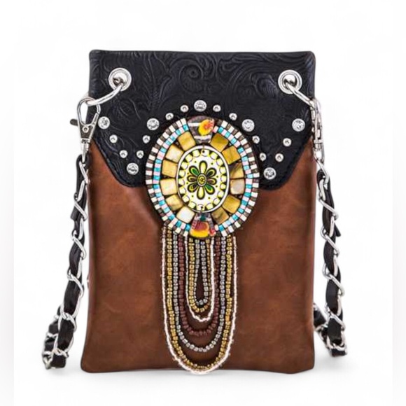 Turquoise & Black Mixed Beaded Western Crossbody Bag - Picture 2 of 5